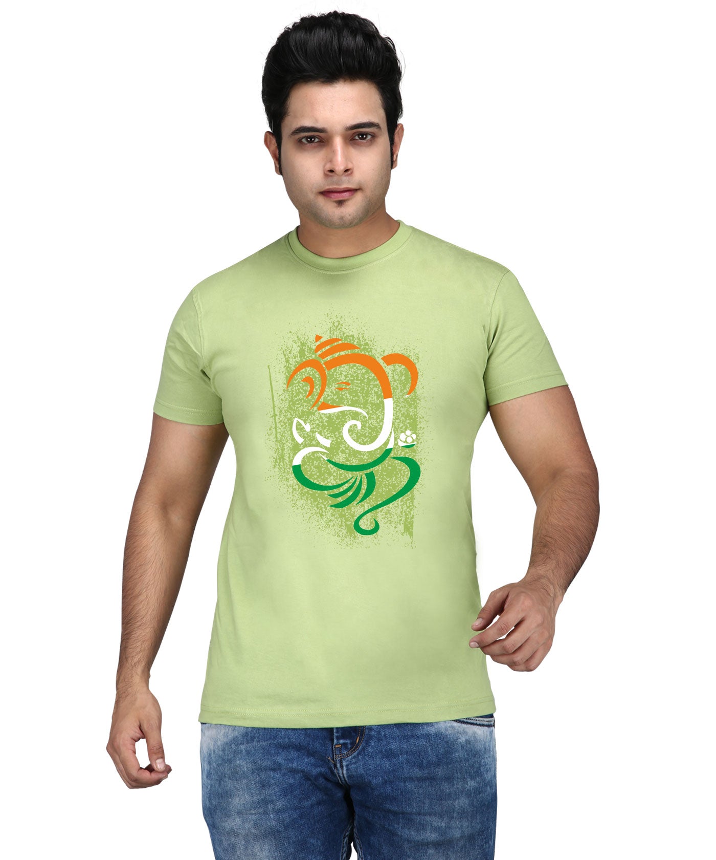 Tri Colour Ganesha - Premium Round Neck Cotton Tees for Men - Parrot Green