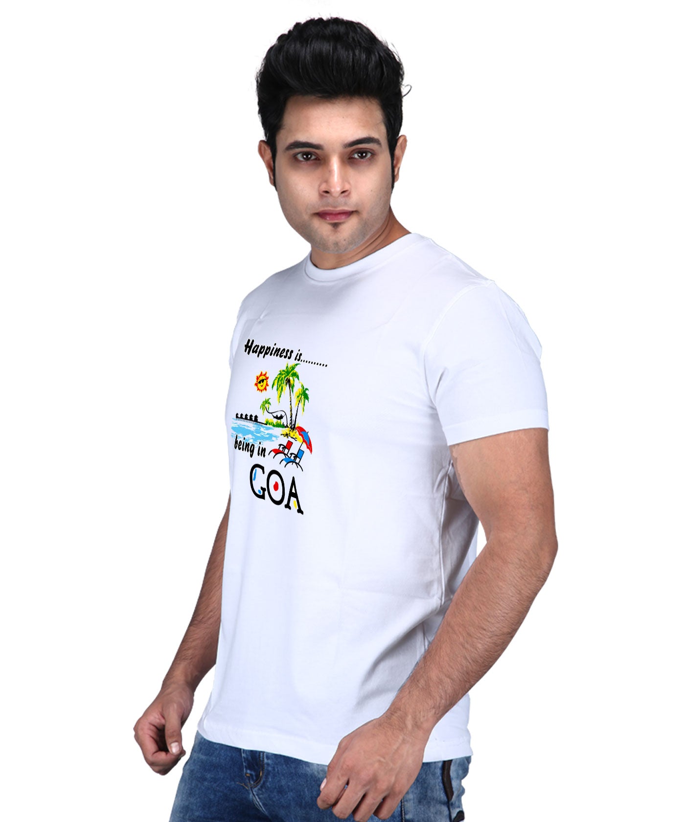 Happiness Is Being In Goa - Premium Round Neck Cotton Tees for Men - White