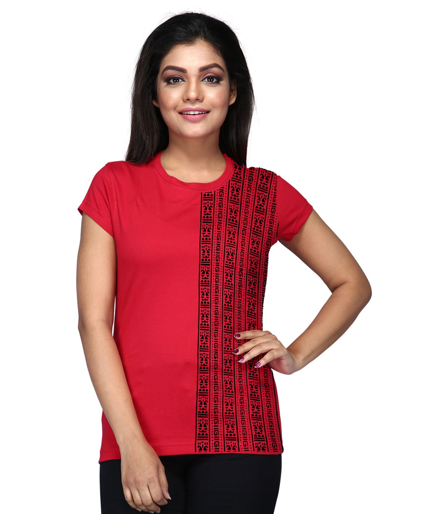 Lines - Block Print Tees for Women - Red