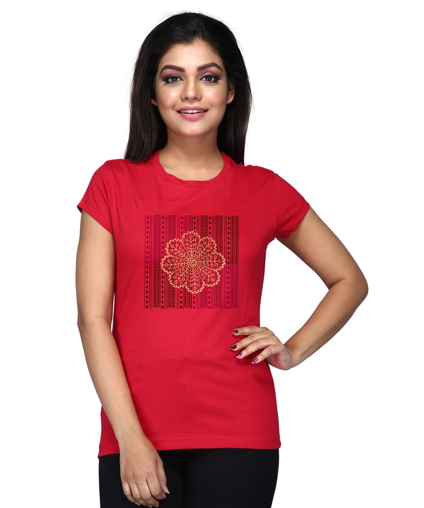 Centre Flower - Block Print Tees for Women - Red