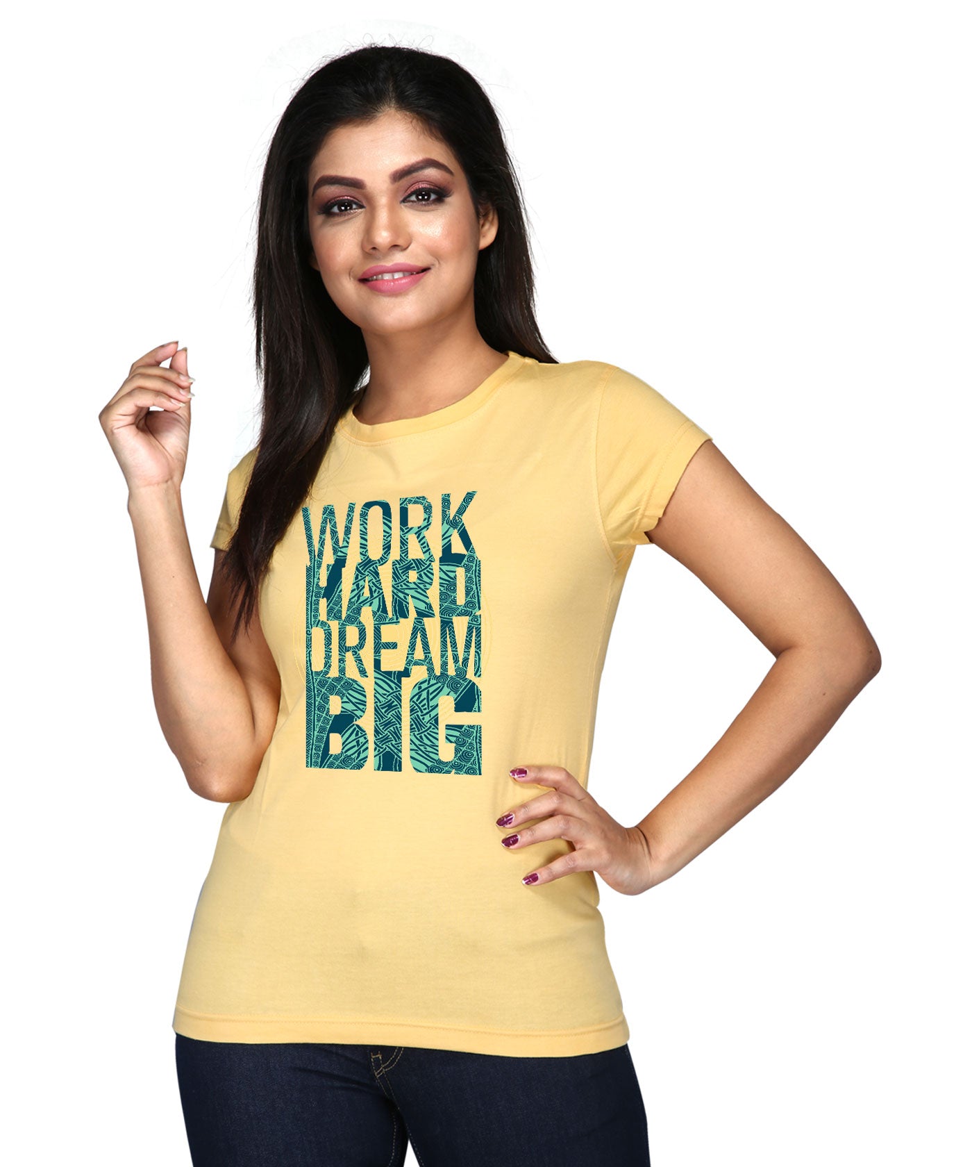 Work Hard Dream Big - Block Print Tees for Women - Golden Yellow