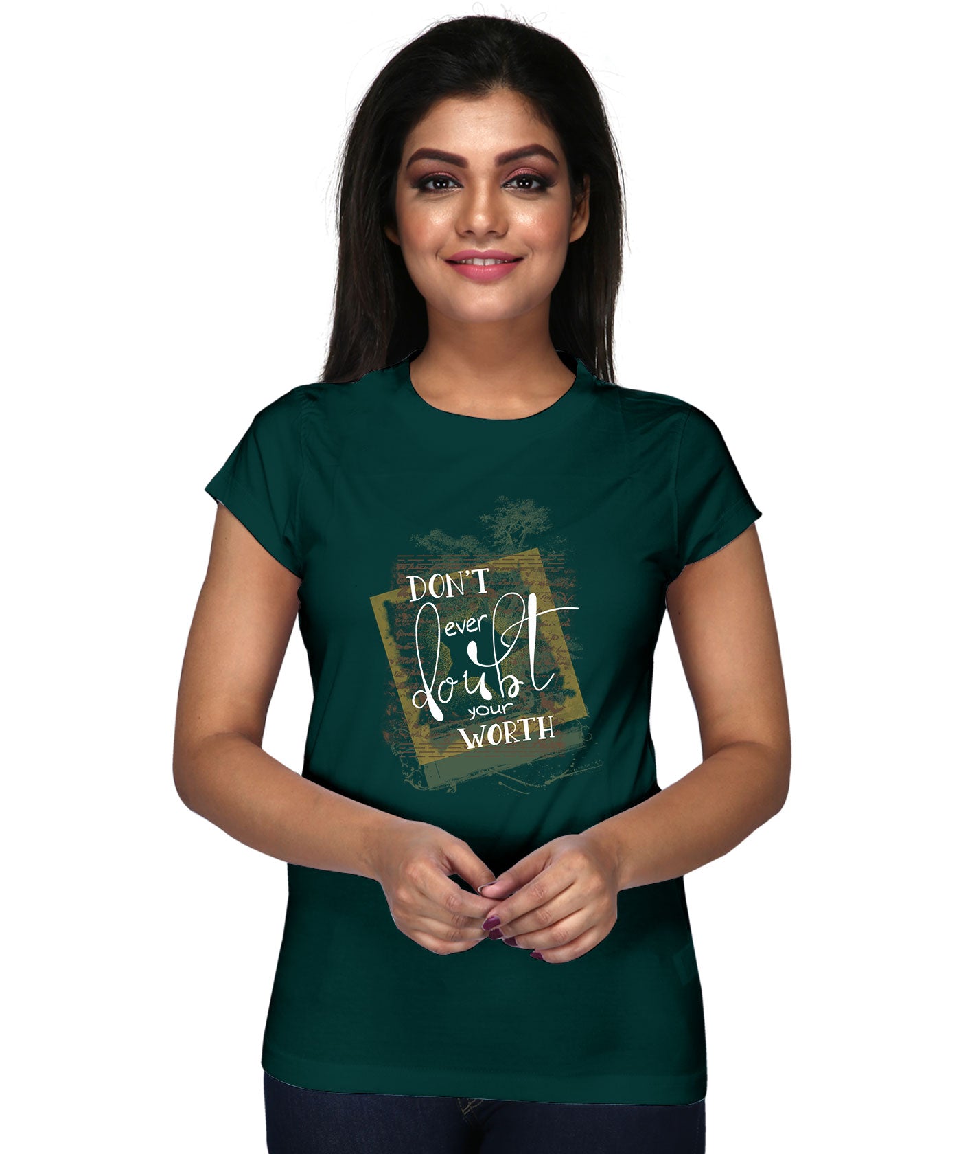 Doubt Your Worth - Block Print Tees for Women - Cactus Green