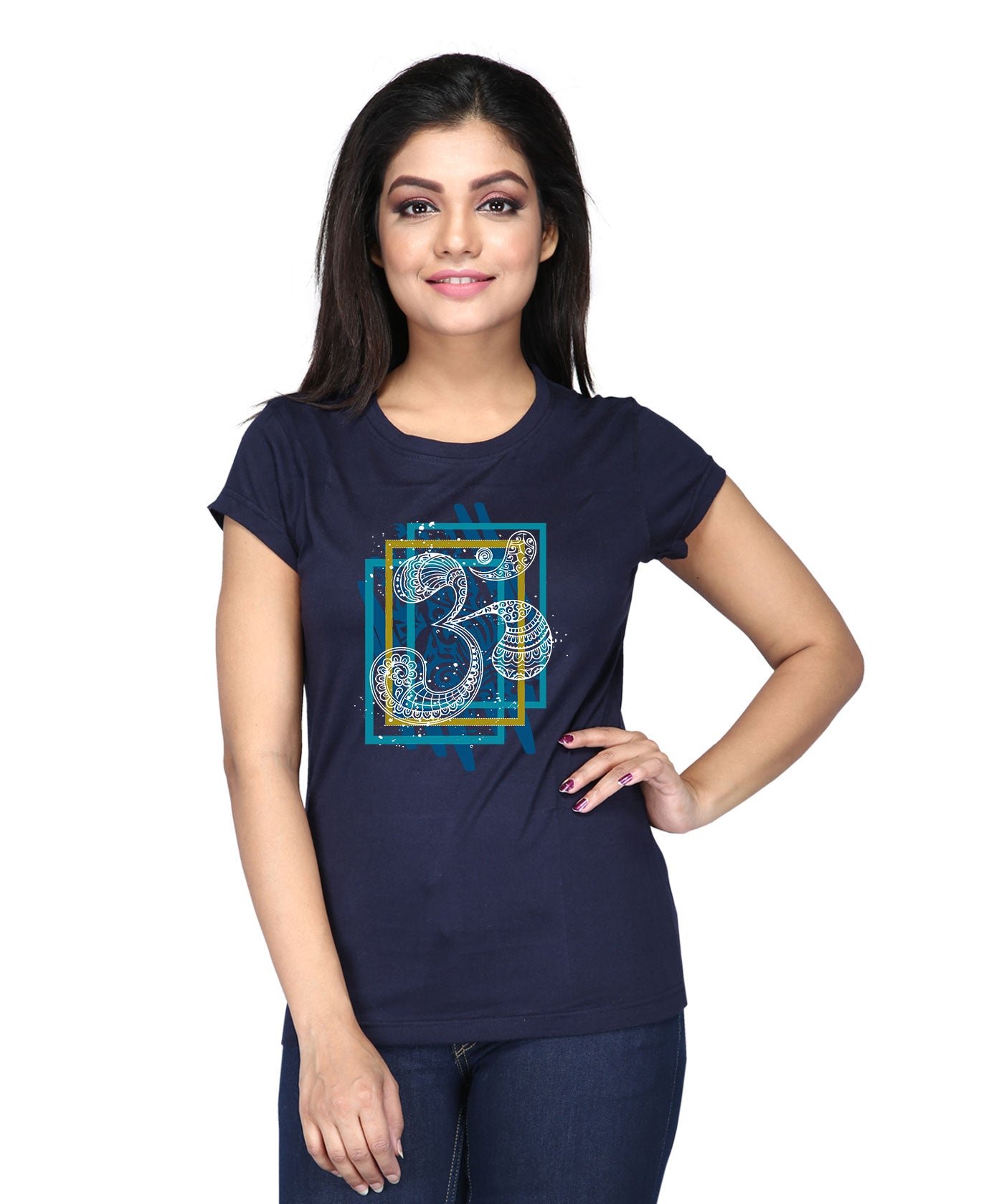 Square Om - Block Print Tees for Women - Navy Blue