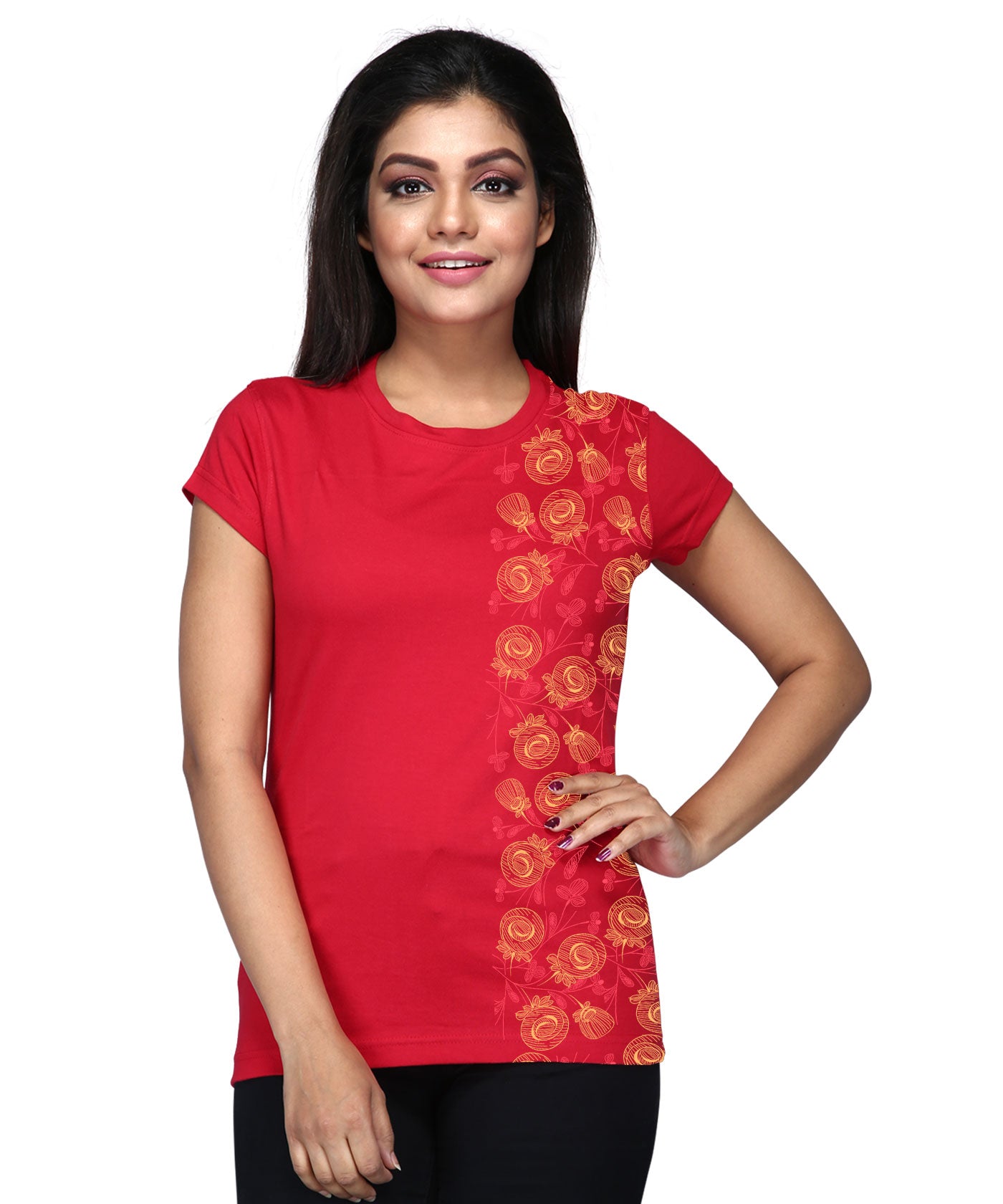 Rose At Right Side - Block Print Tees for Women - Red
