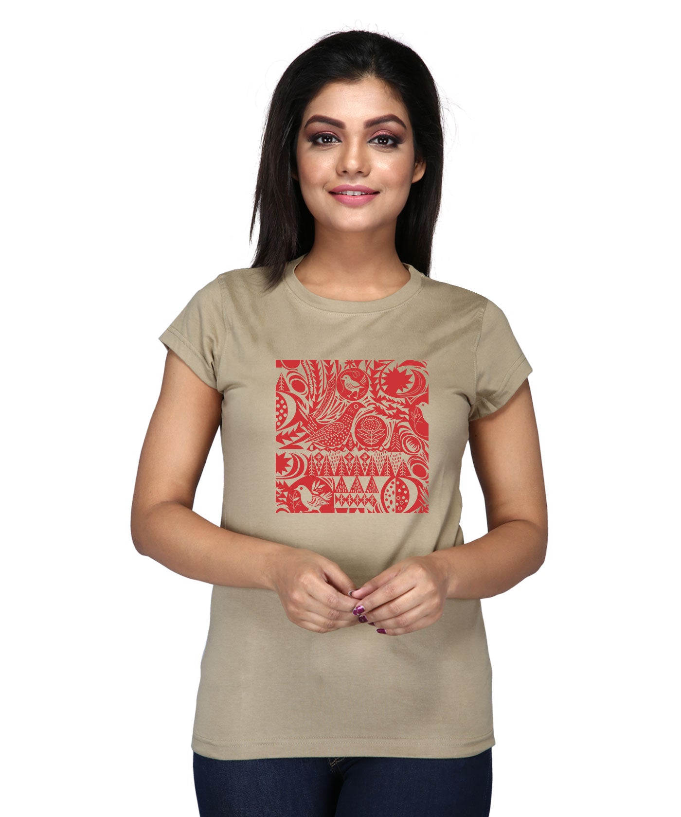 Birds And Flowers - Block Print Tees for Women - Khaki