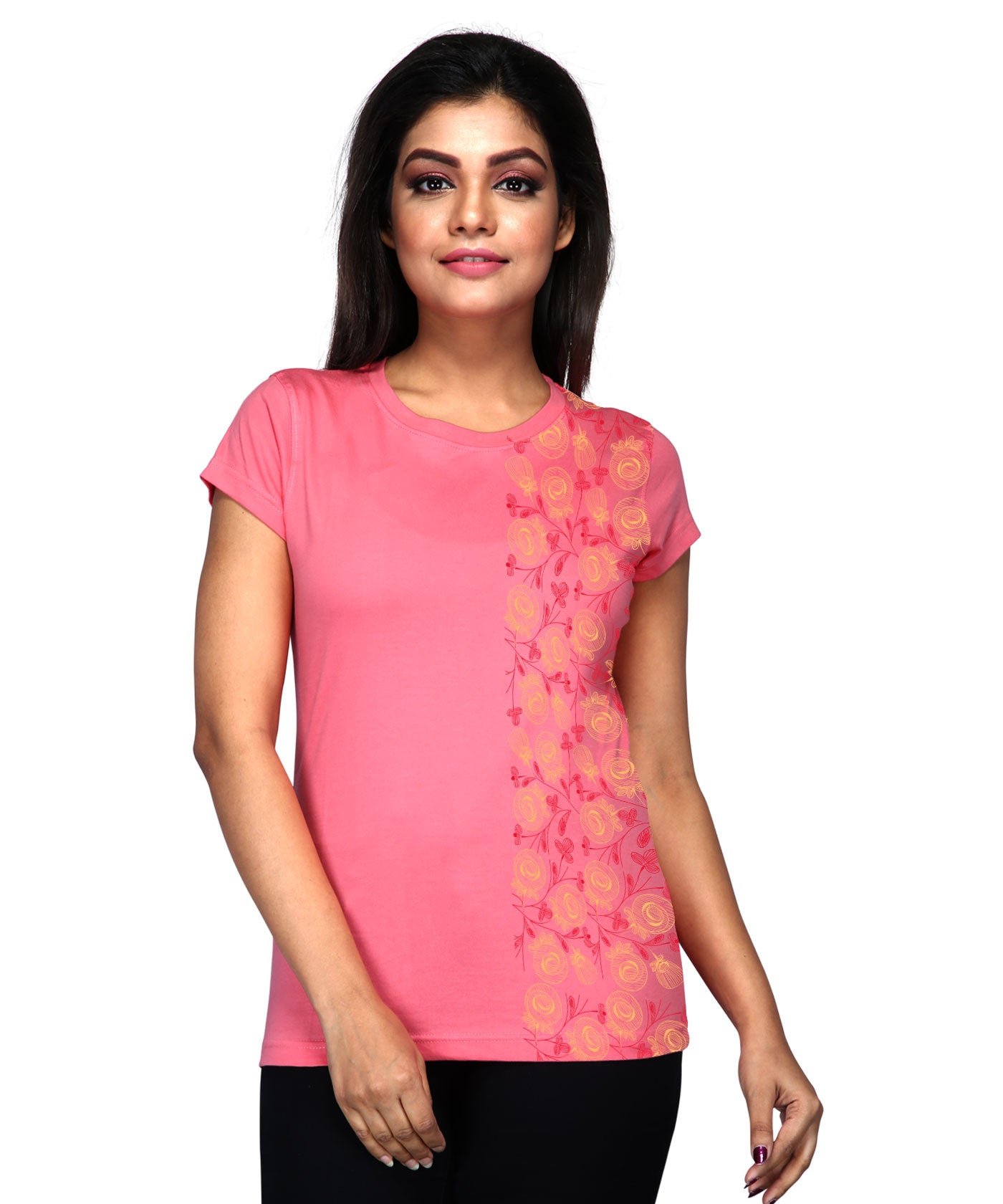 Rose At Right Side - Block Print Tees for Women - Sunskit Coral