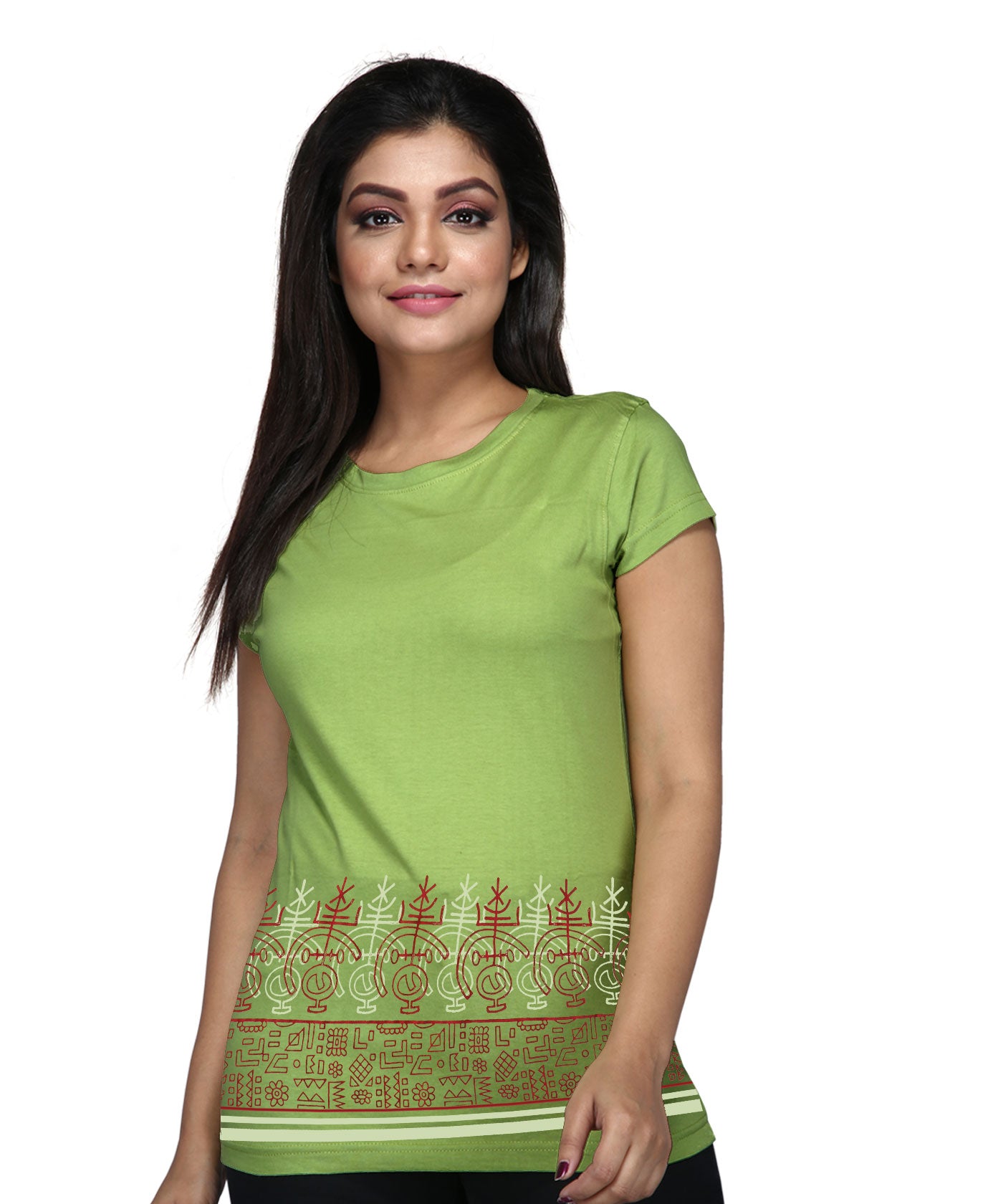Cross Border - Block Print Tees for Women - Parrot Green