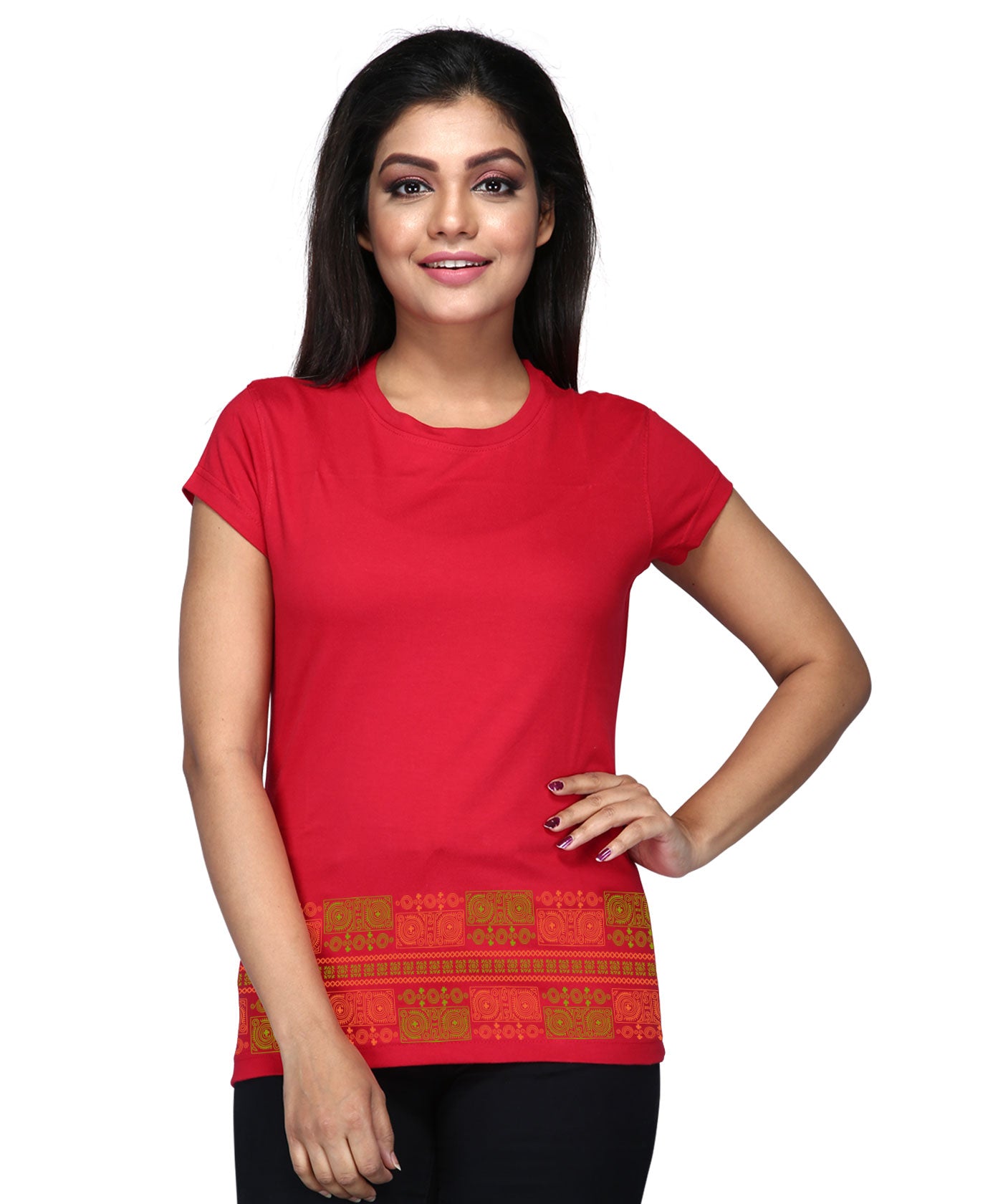 Double Line Border - Block Print Tees for Women - Red