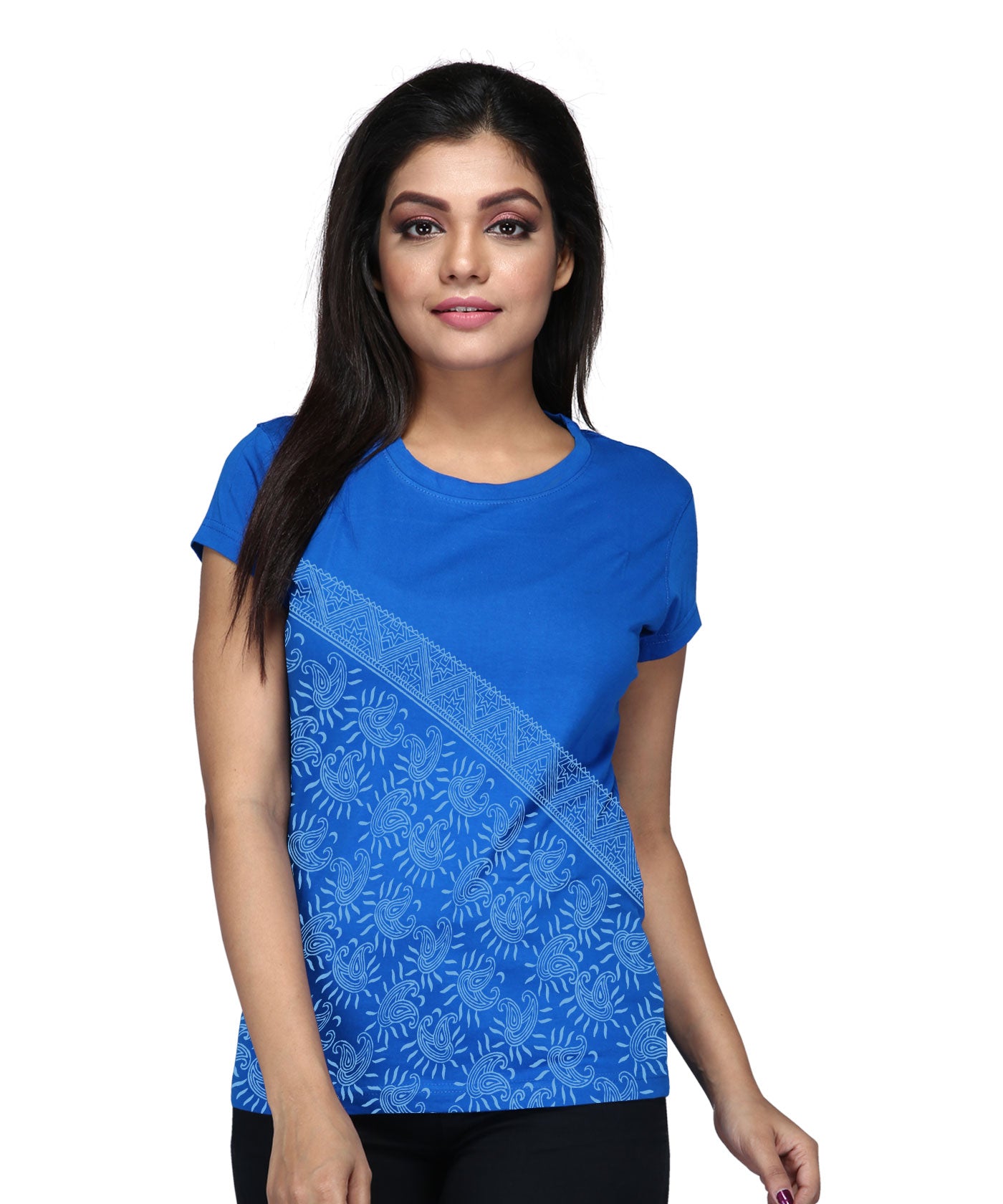 Cross Border - Block Print Tees for Women - Electric Blue