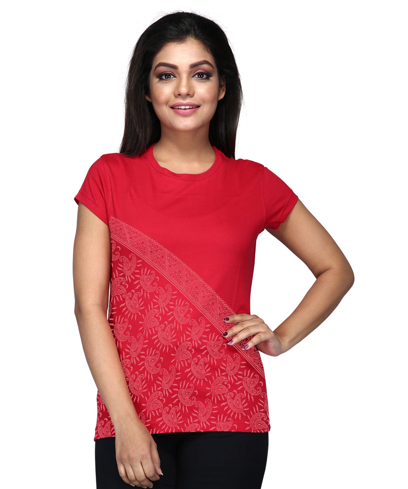 Cross Border - Block Print Tees for Women - Red