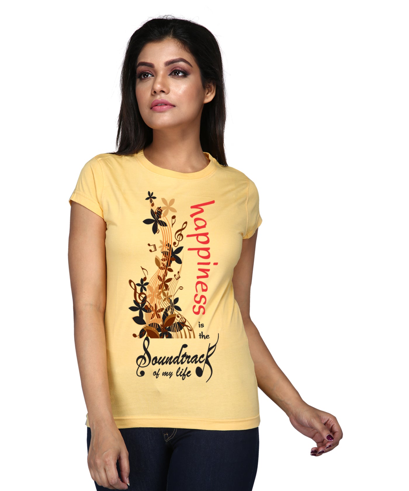 Happiness Is - Premium Round Neck Cotton Tees for Women - Golden Yellow