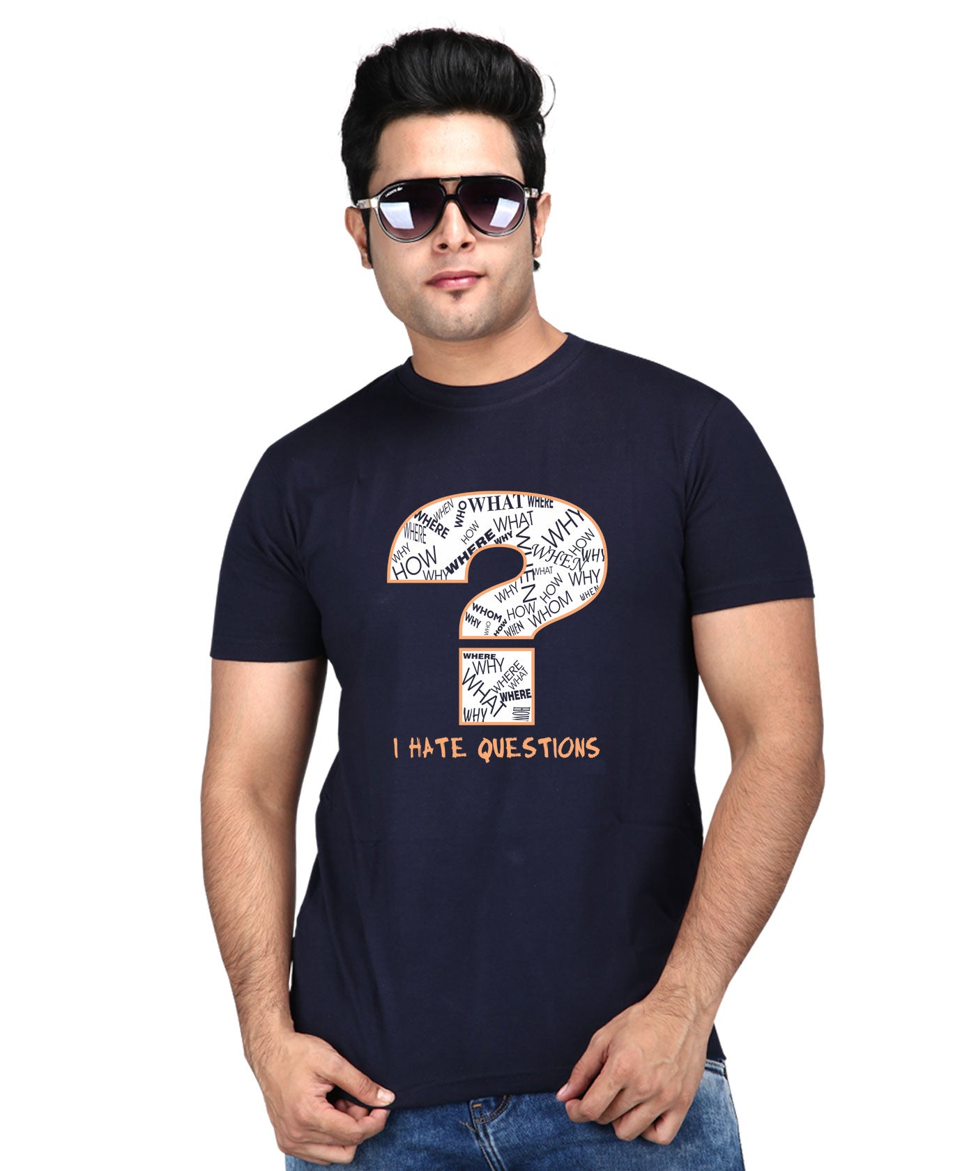 I Hate Questions - Premium Round Neck Cotton Tees for Men - Navy Blue