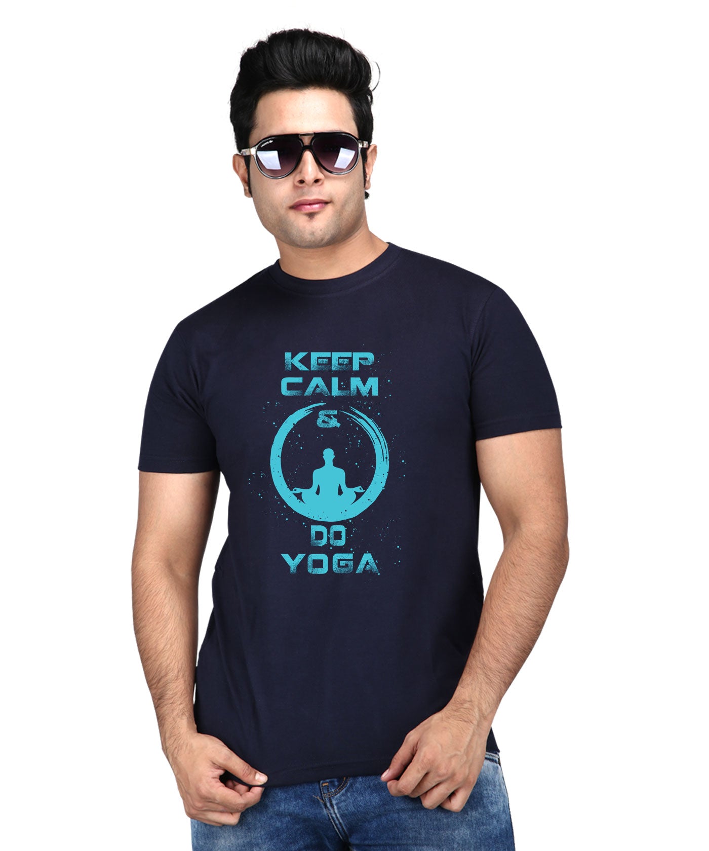 Keep Calm and Do Yoga - Premium Round Neck Cotton Tees for Men - Navy Blue