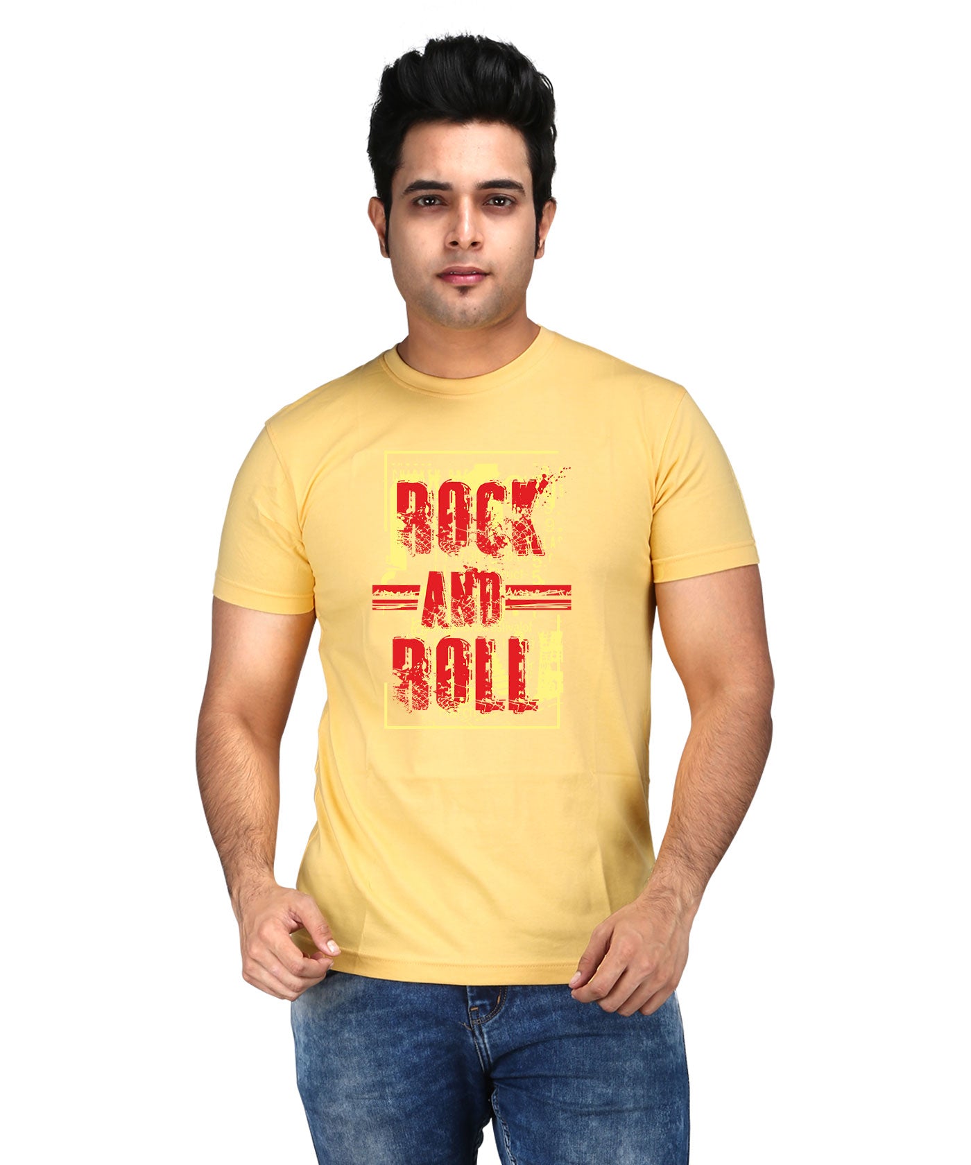 Rock And Roll - Premium Round Neck Cotton Tees for Men - Golden Yellow