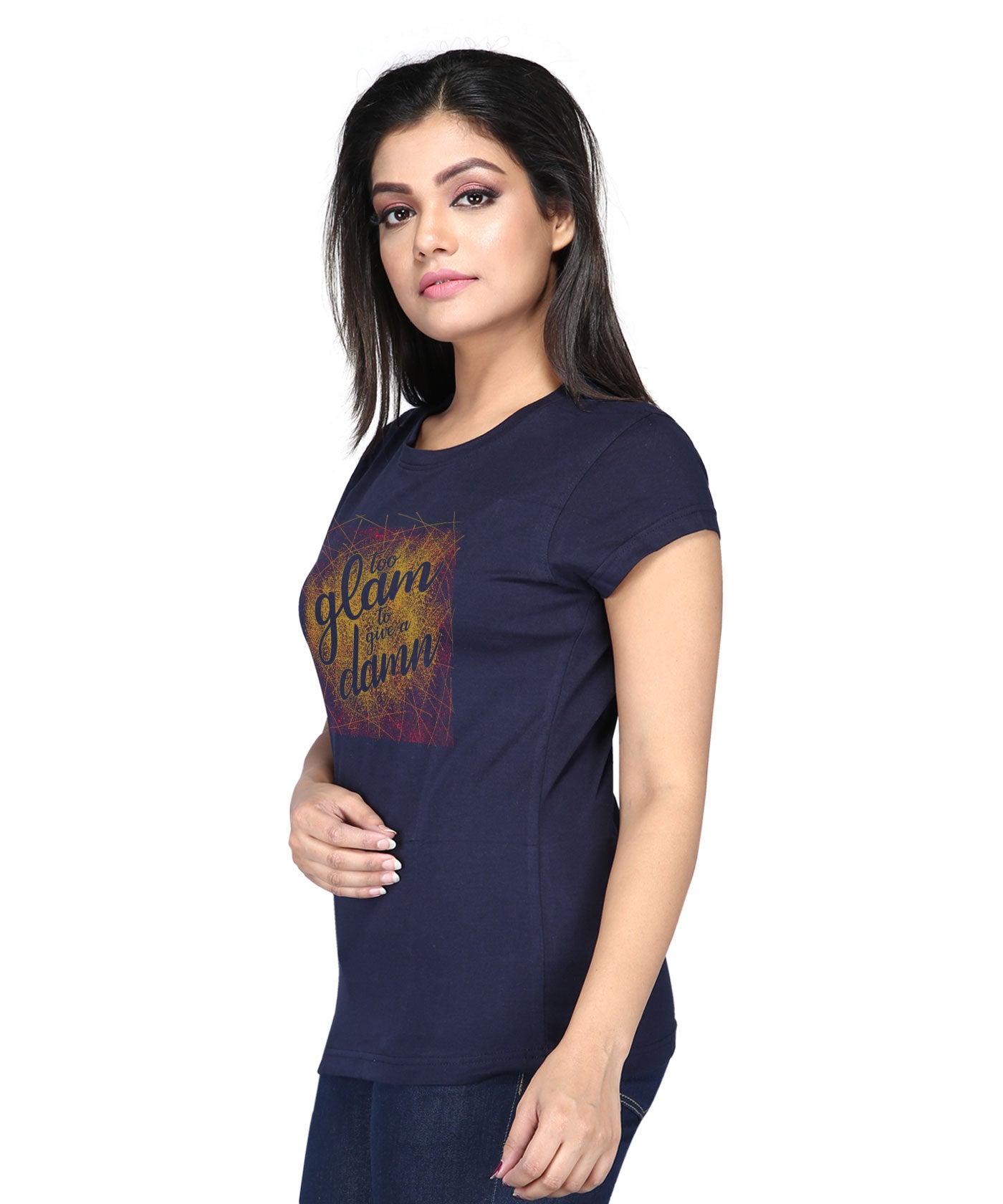 Too Glam To Give A Damn - Premium Round Neck Cotton Tees for Women - Navy Blue