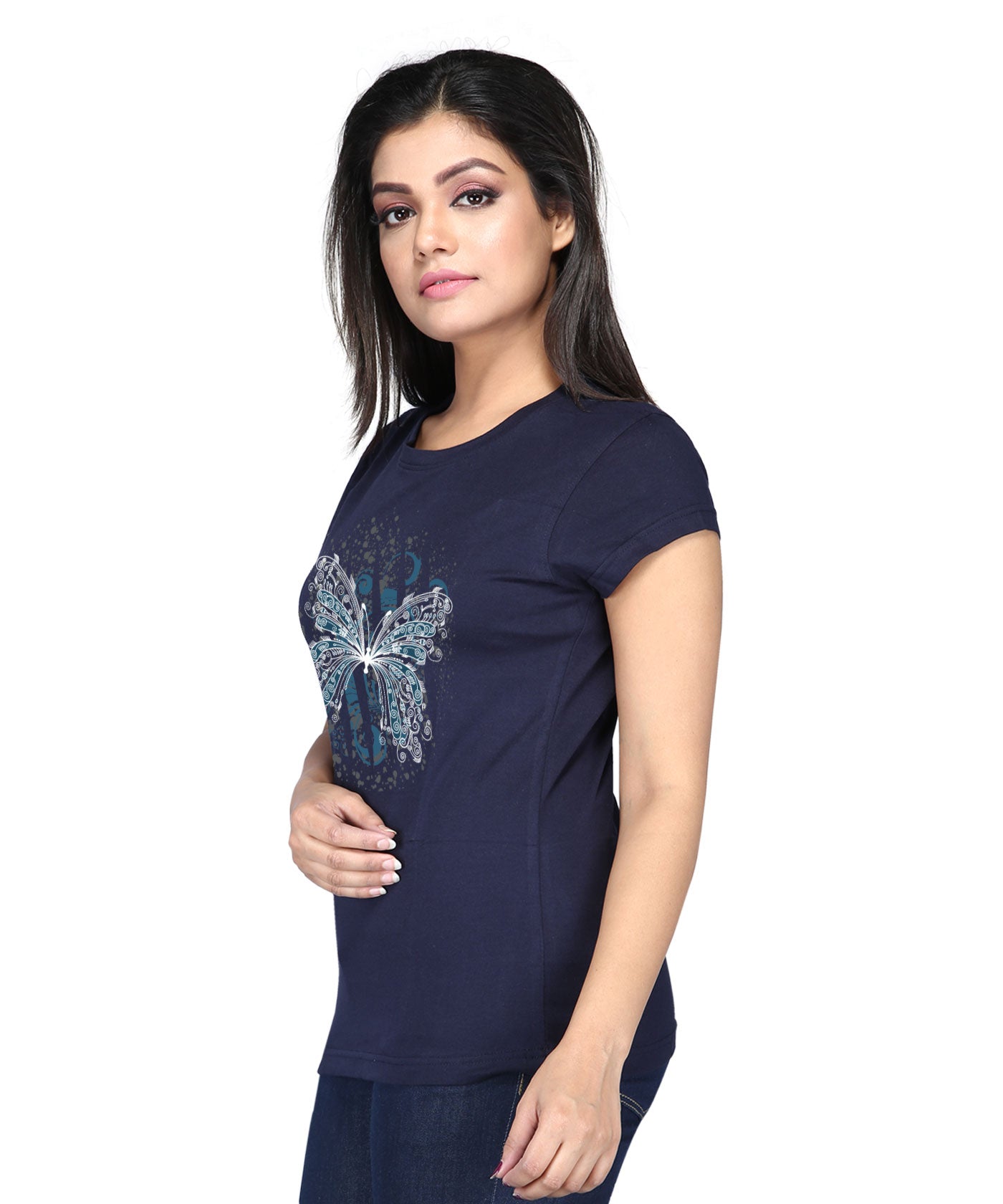 Butterfly - Premium Round Neck Cotton Tees for Women - Navy Blue