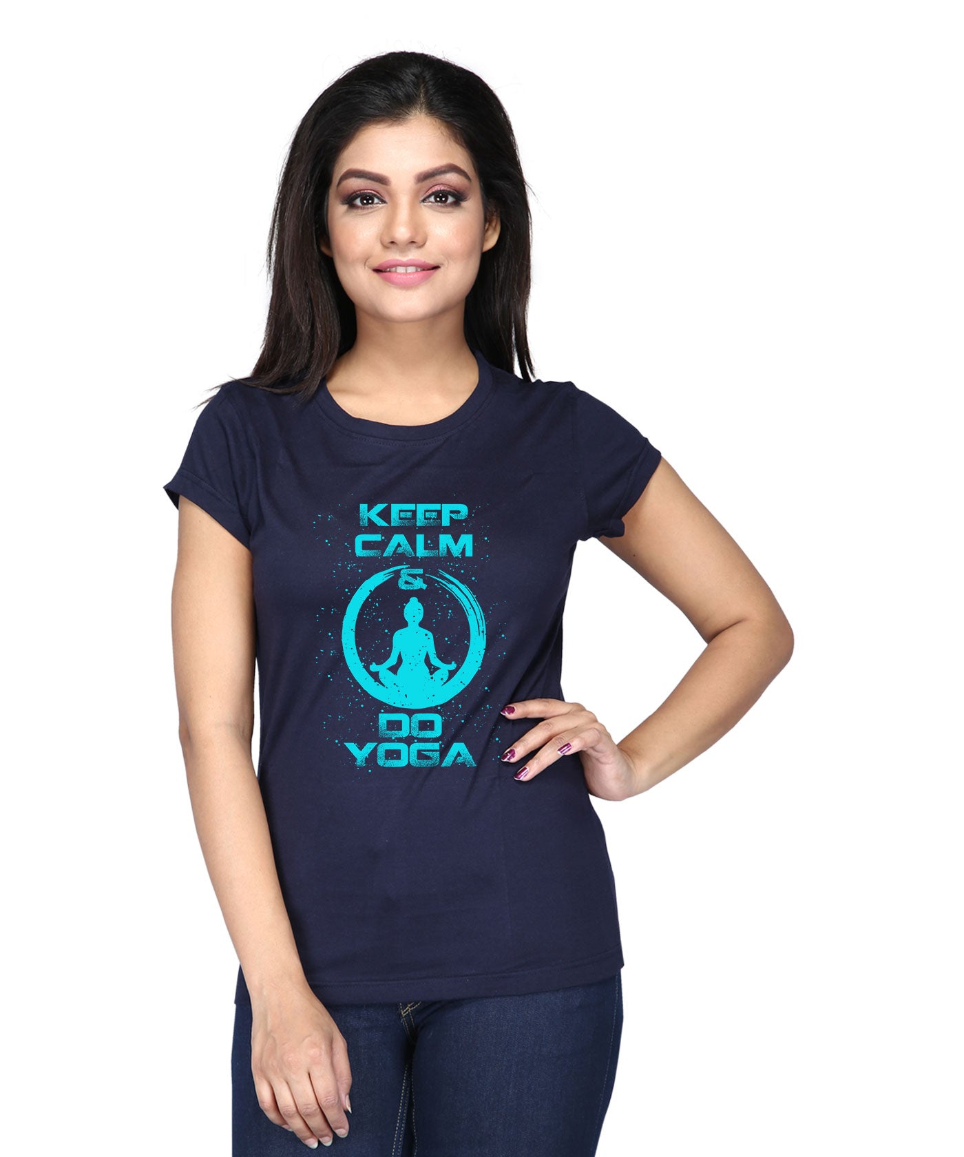 Keep Calm Do Yoga - Premium Round Neck Cotton Tees for Women - Navy Blue