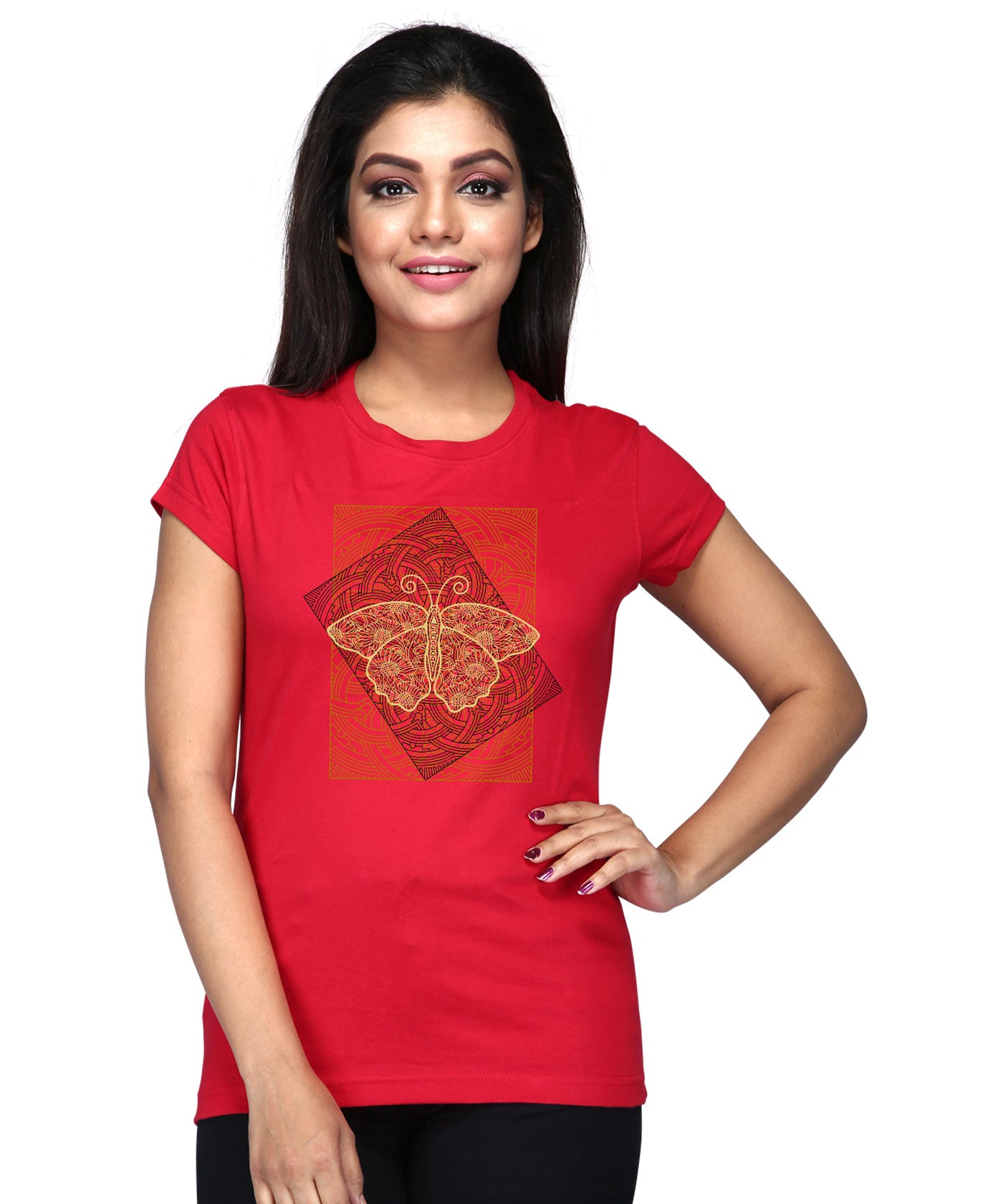Butterfly Art - Premium Round Neck Cotton Tees for Women - Red