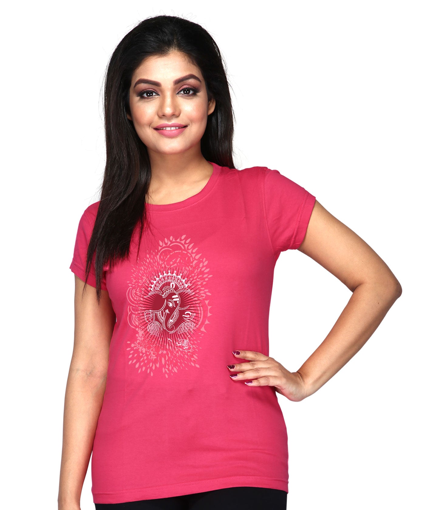 Rising Ganesha - Premium Round Neck Cotton Tees for Women - Magenta