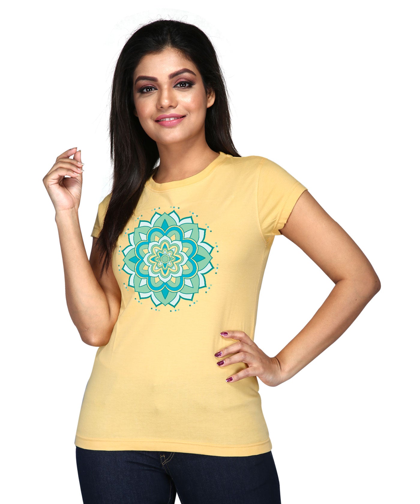 Mandala Yoga - Premium Round Neck Cotton Tees for Women - Golden Yellow