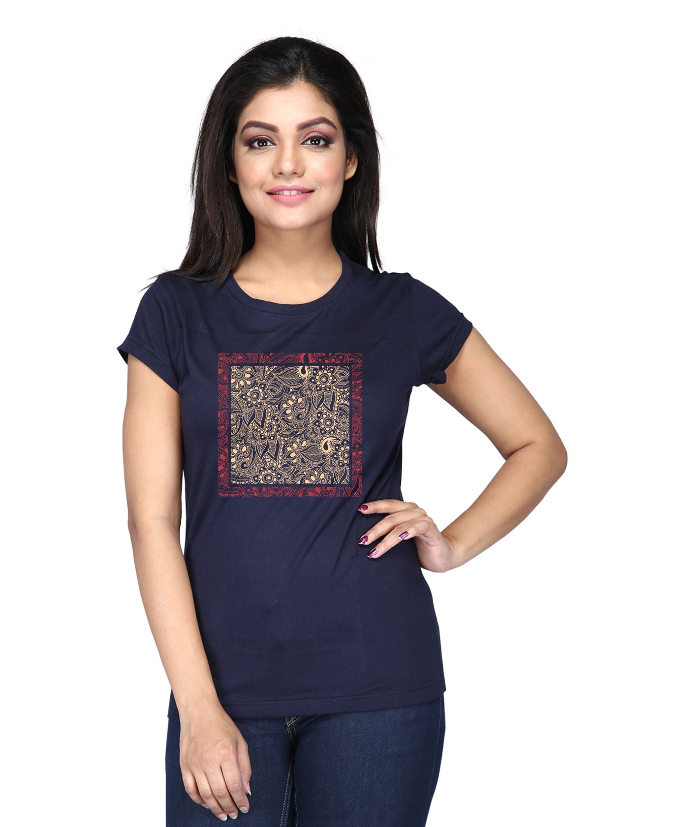 Flowers And Leaves Art - Premium Round Neck Cotton Tees for Women - Navy Blue