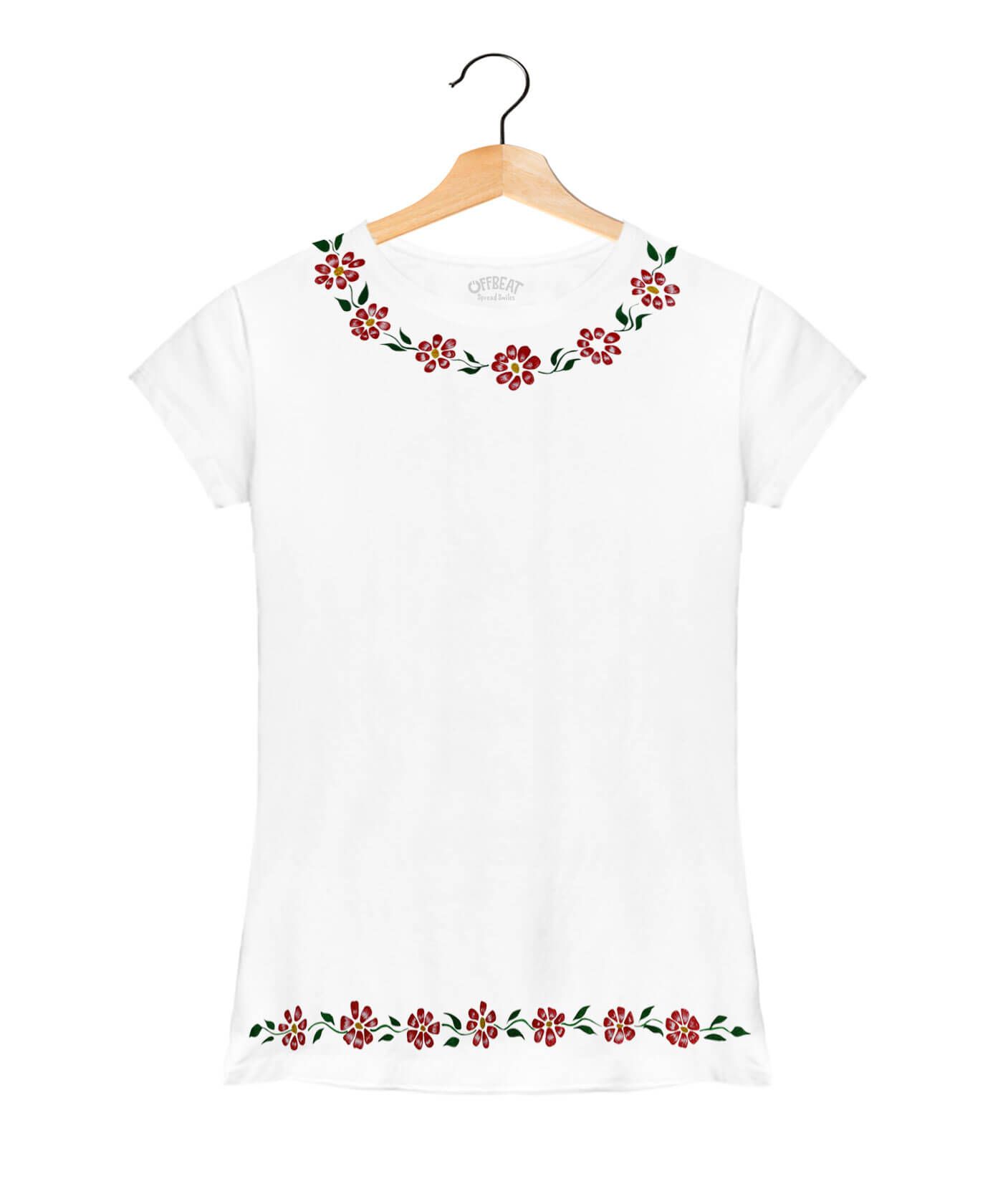 Hand Painted Neck and Bottom Flower - Premium Round Neck Cotton Tees for Women - White