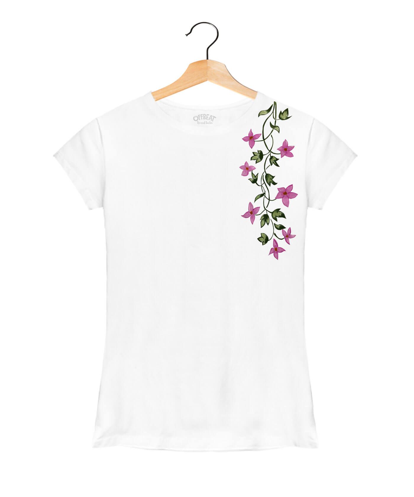 Hand Painted Flower Creeper - Premium Round Neck Cotton Tees for Women - White