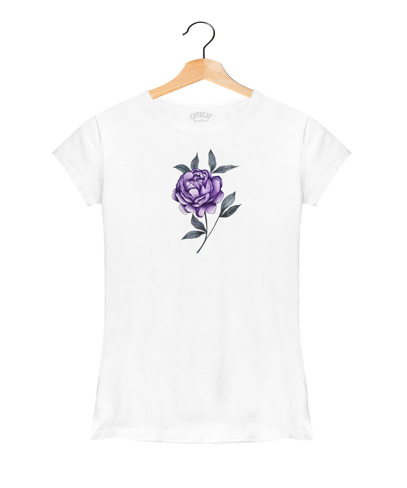 Hand Painted Purple Rose - Premium Round Neck Cotton Tees for Women - White