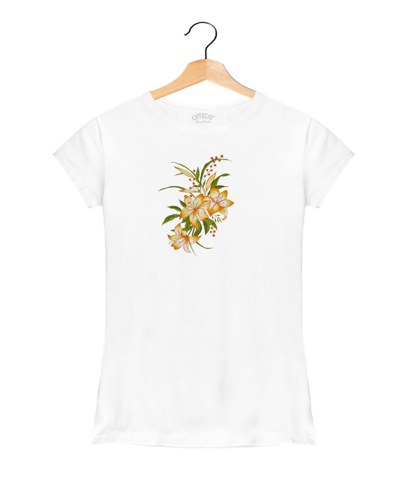 Hand Painted Hibiscus yellow - Premium Round Neck Cotton Tees for Women - White