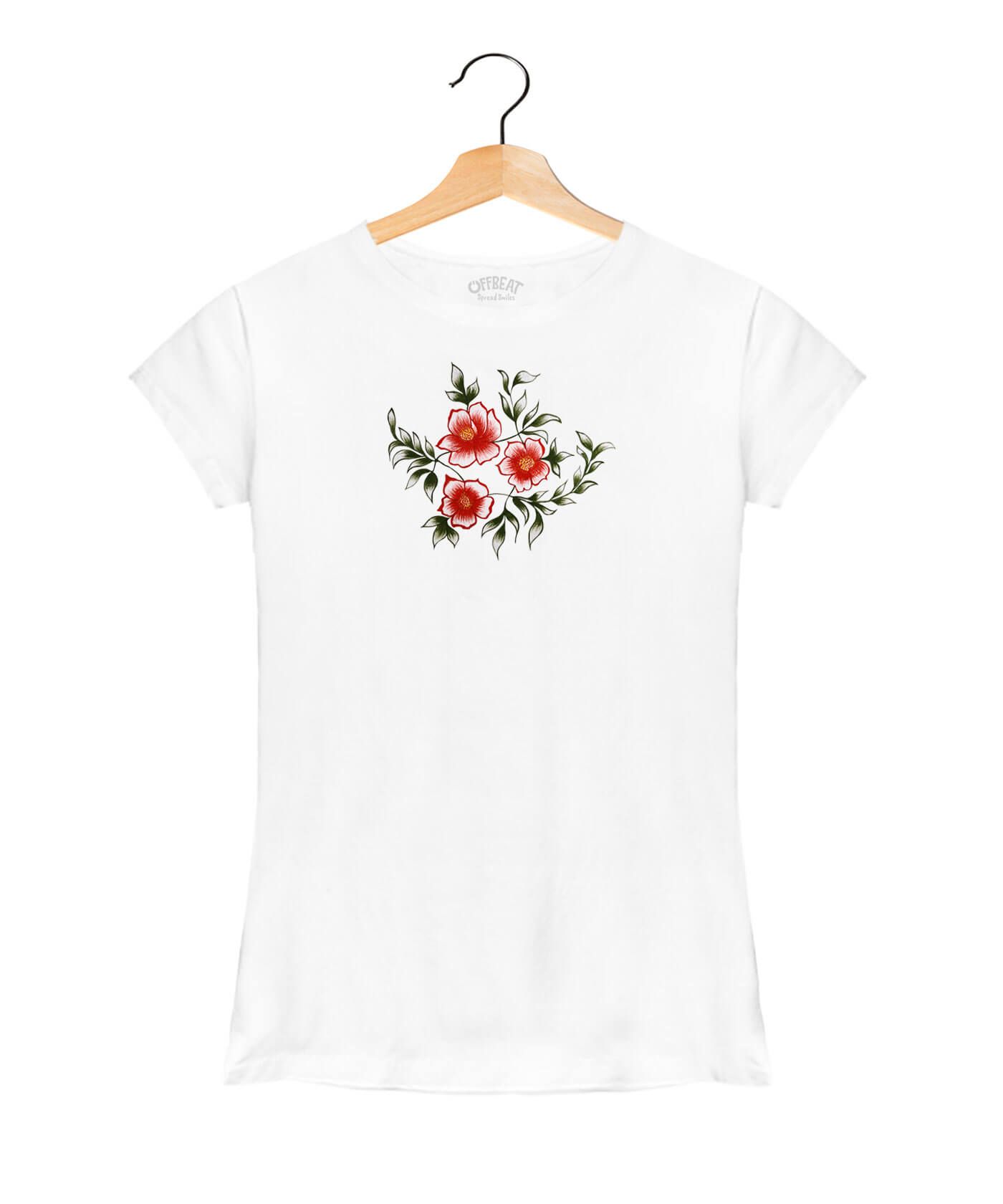 Hand Painted Hibiscus - Premium Round Neck Cotton Tees for Women - White