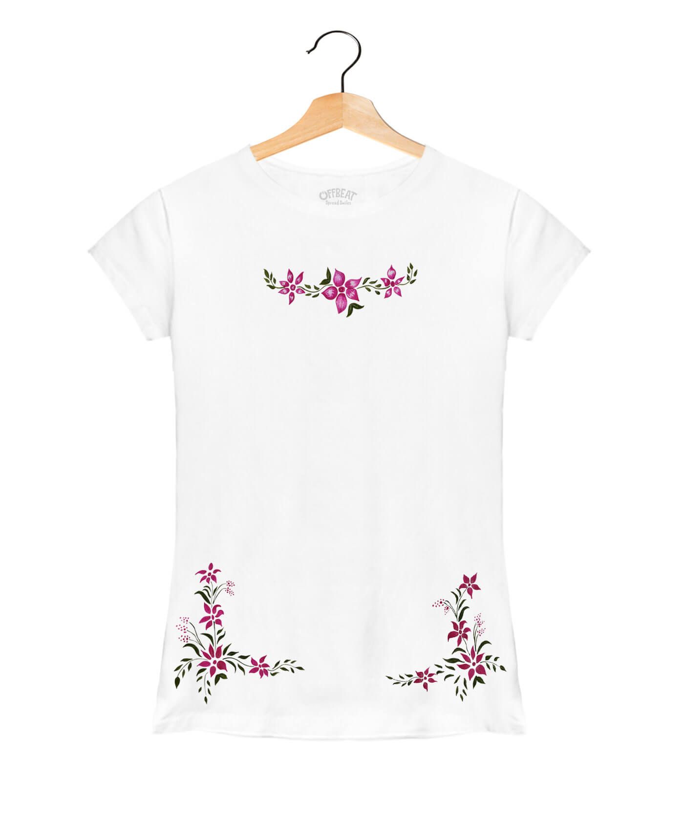 Hand Painted Pink flower - Premium Round Neck Cotton Tees for Women - White