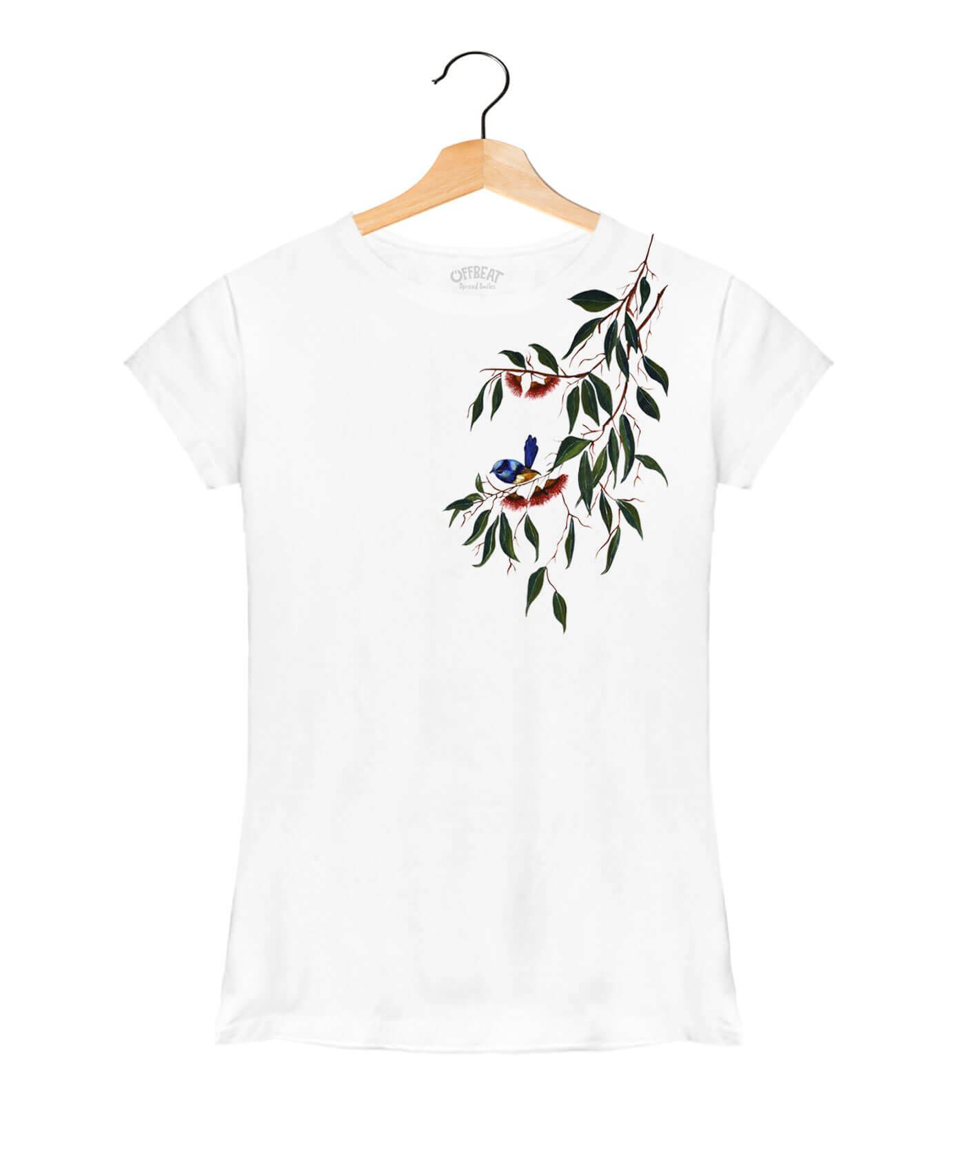 Hand Painted Bird & Flower - Premium Round Neck Cotton Tees for Women - White