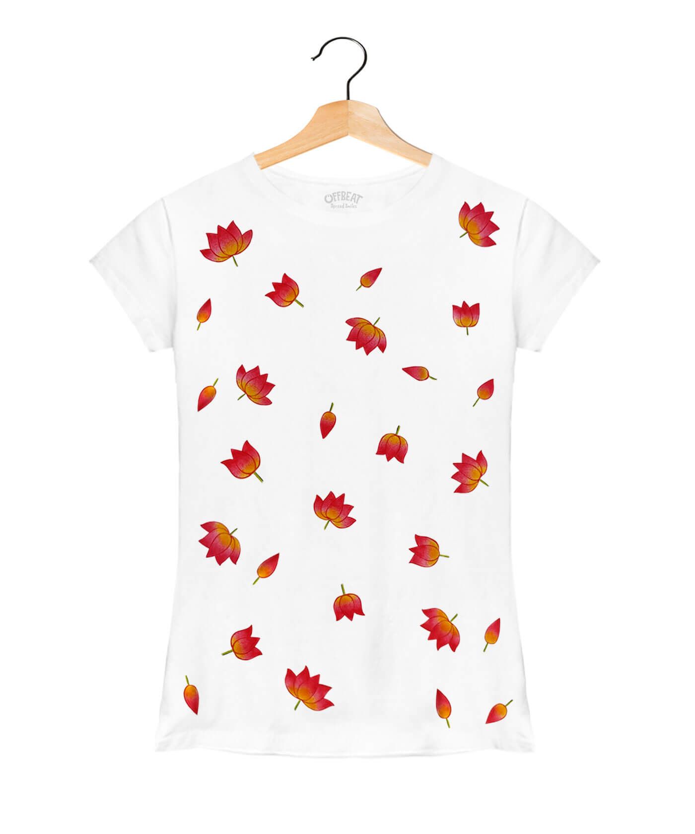 Hand Painted Lotus Bud - Premium Round Neck Cotton Tees for Women - White