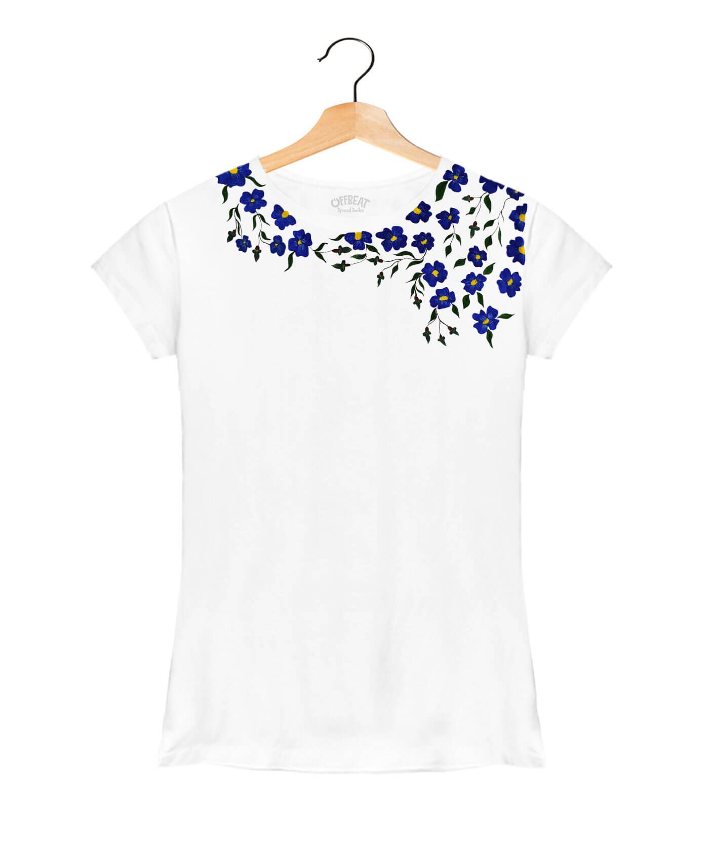 Hand Painted Blue Flower - Premium Round Neck Cotton Tees for Women - White