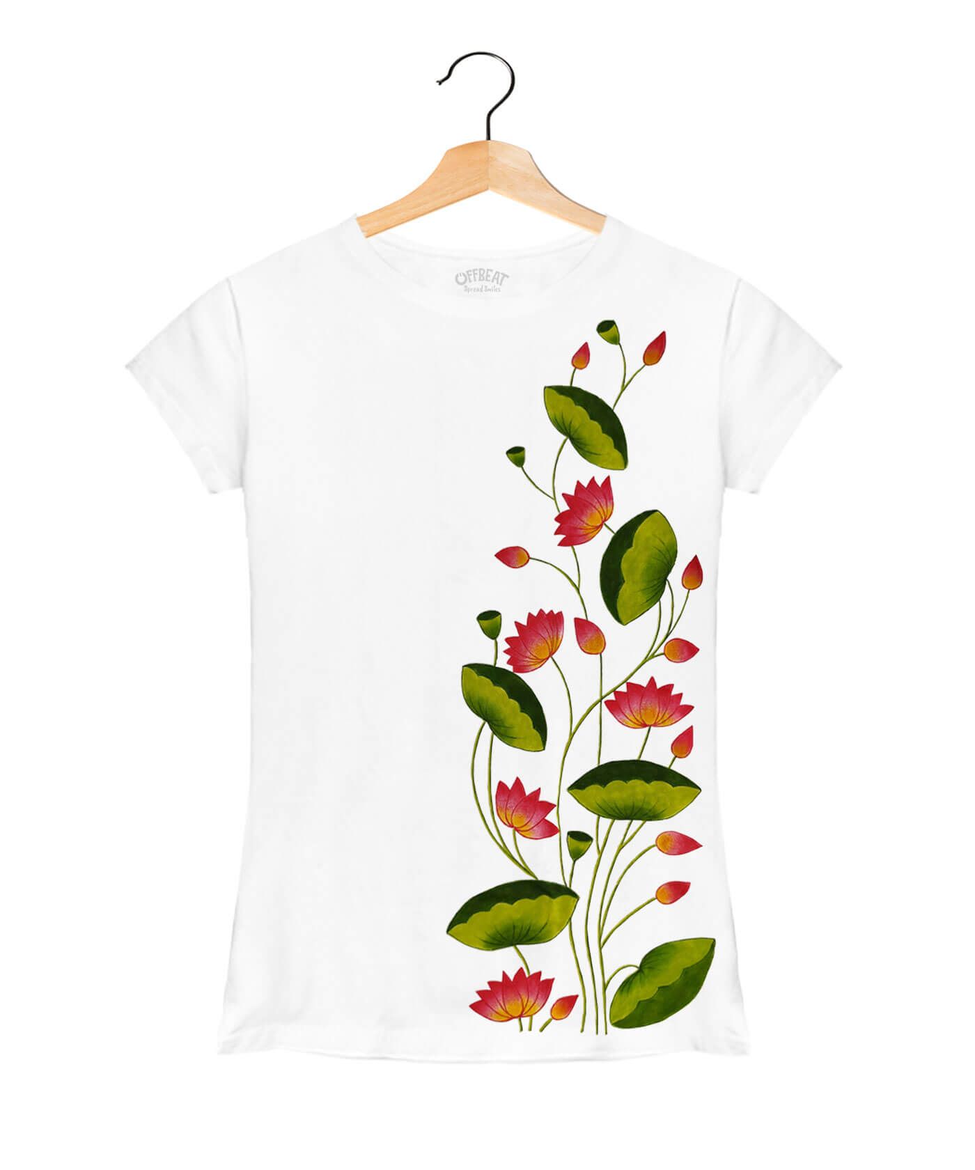 Hand Painted Lotus and Leaf - Premium Round Neck Cotton Tees for Women - White
