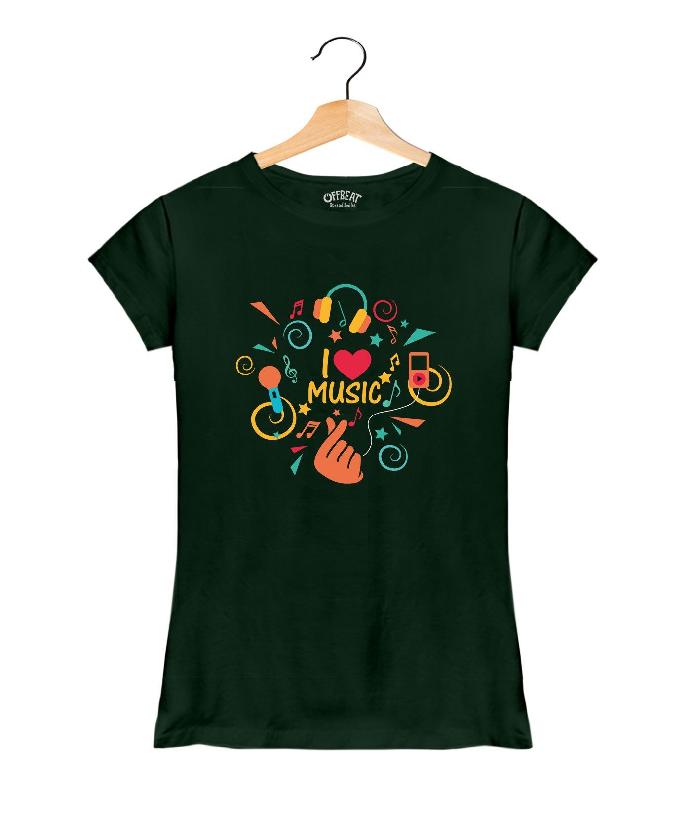 I Love Music - Premium Round Neck Couple Tees in Cotton for Women - Bottle Green