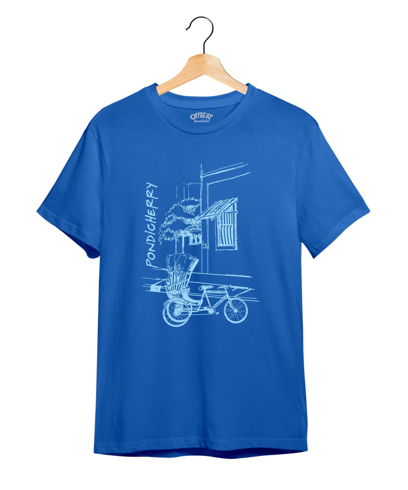 Pondicherry Rickshaw  - 100% Cotton Round Neck Tee -Electric Blue