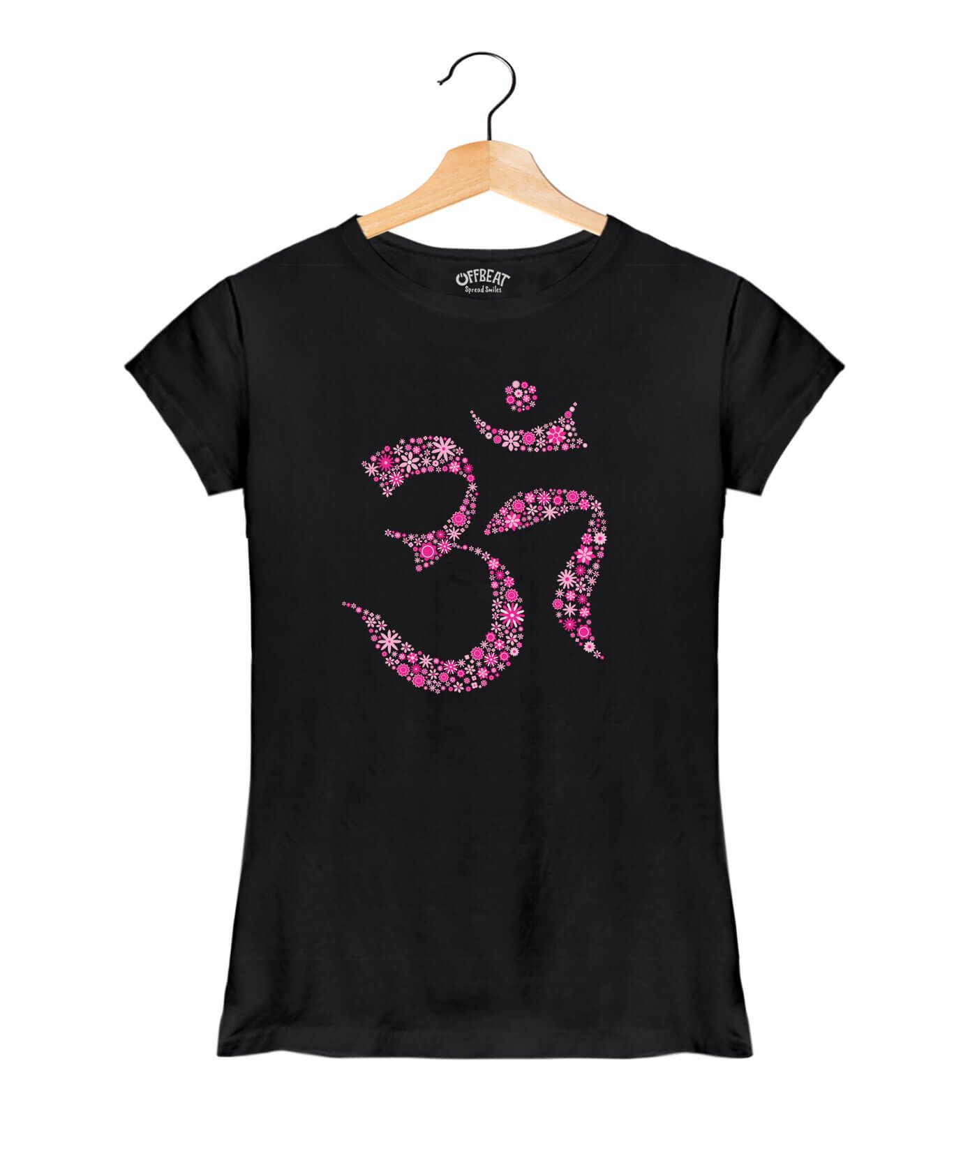 Flower Om - Premium Round Neck Cotton Tees for Women - Black