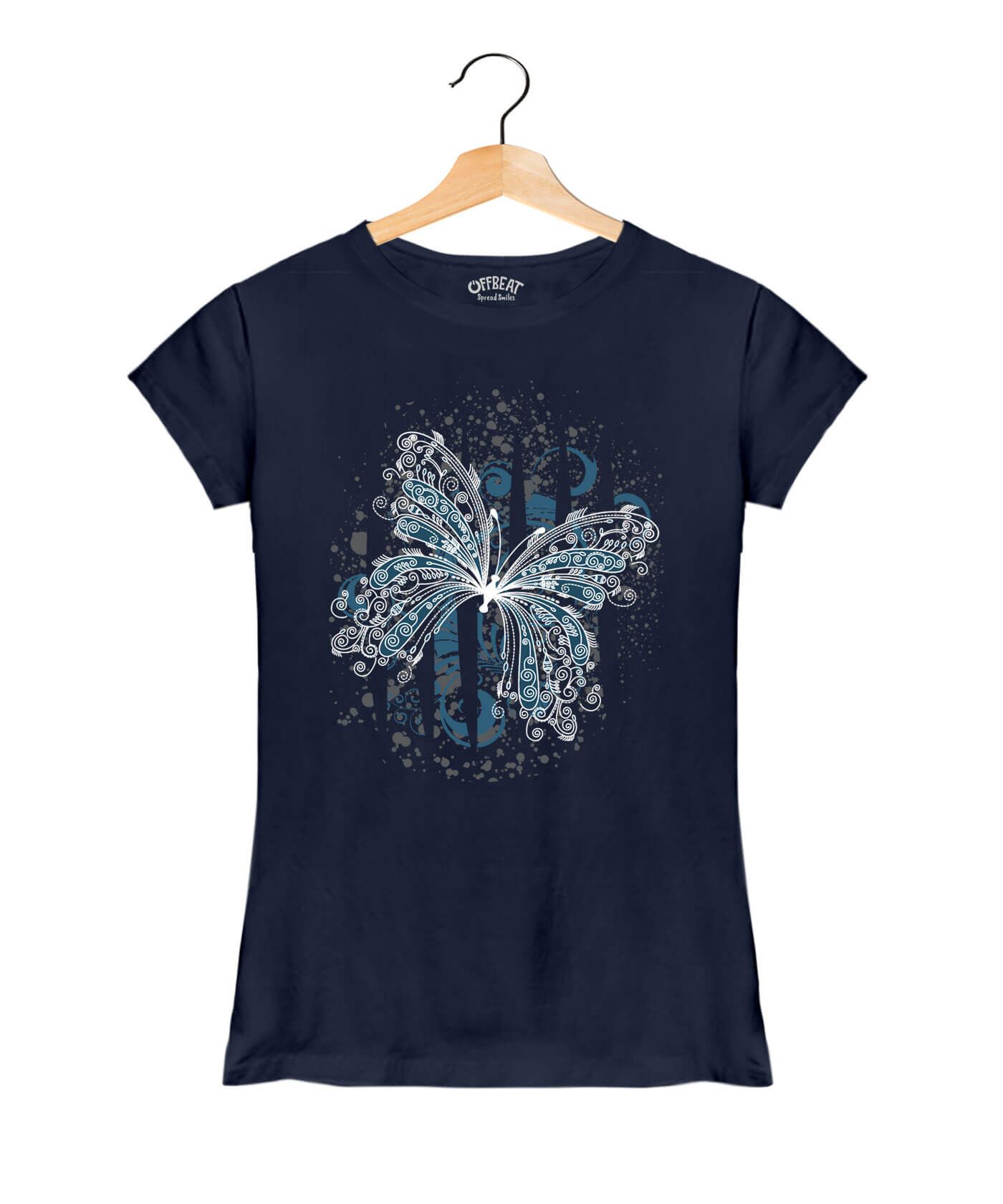 Butterfly - Premium Round Neck Cotton Tees for Women - Navy Blue