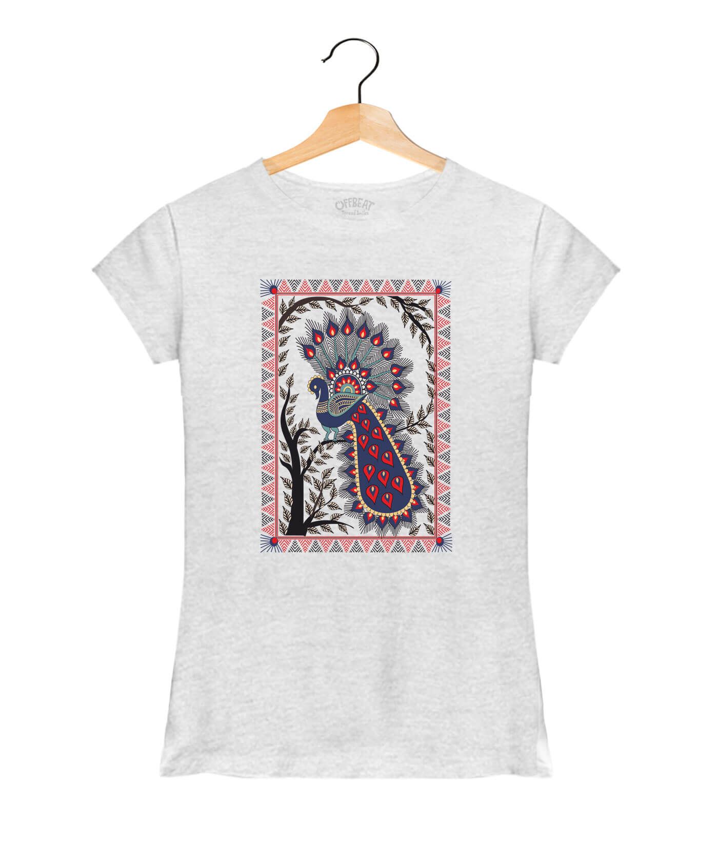 Peacock Art - Premium Round Neck Cotton Tees for Women - White Melange