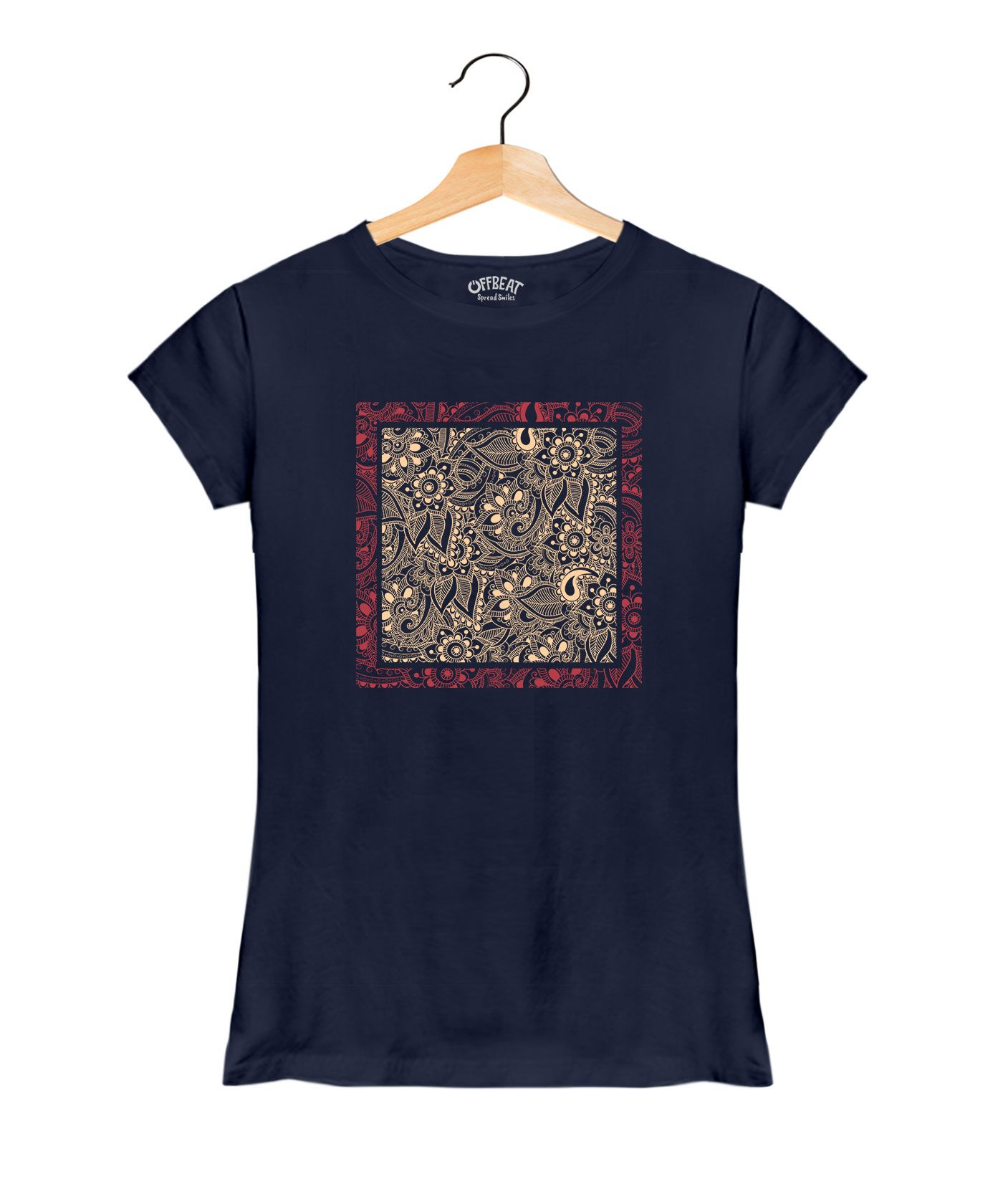 Flowers And Leaves Art - Premium Round Neck Couple Tees in Cotton for Women - Navy Blue